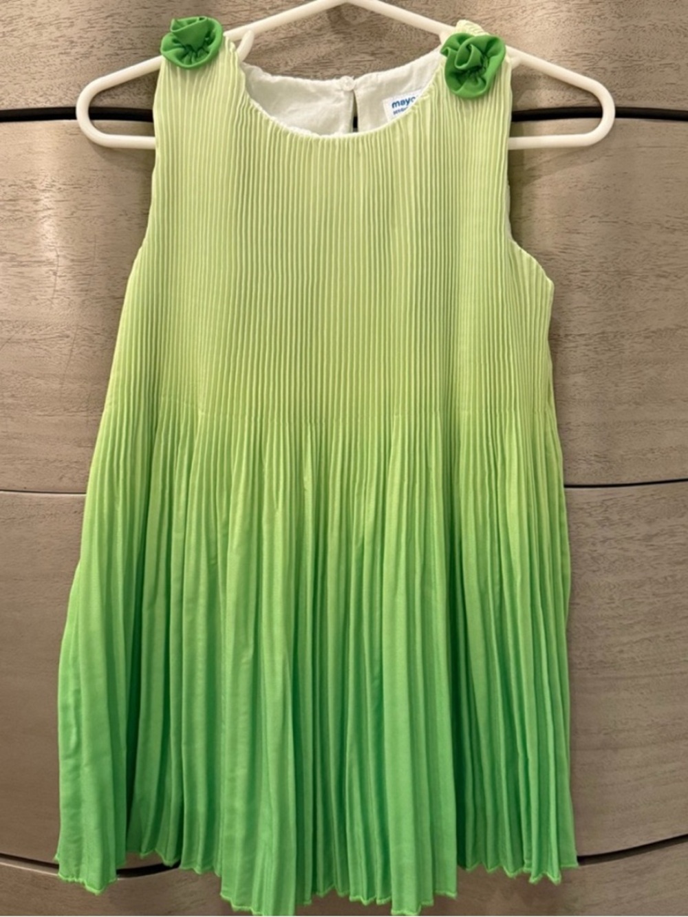 Girls Pleated Green Ombre Dress with Rosette Shoulders
